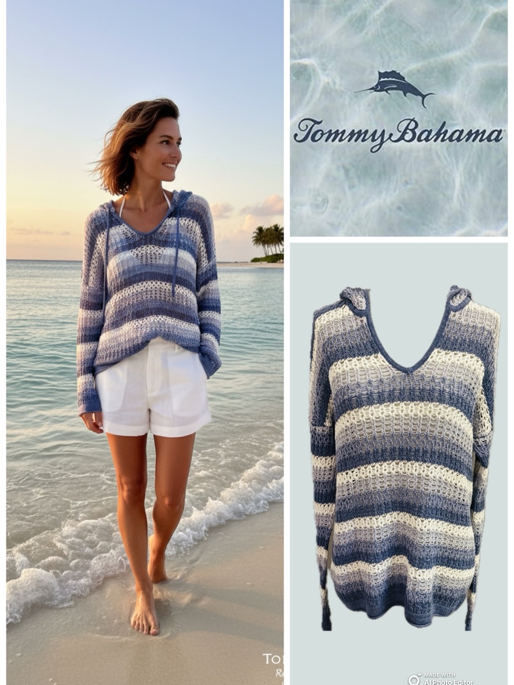 Tommy Bahama Blue & White Striped Hooded Open-Knit Beach Sweater